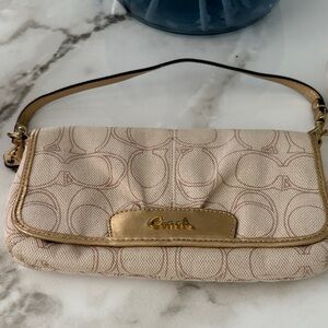 Coach Beige Signature Canvas Wristlet with Gold Trim